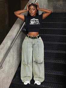 SHEIN SXY Vintage zniszczone szerokie nogawki luźne krój casualowe damskie jeansy, wiosna/jesień nowości - Niebieski - Zobacz 6