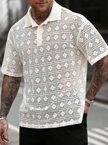 Manfinity CasualCool Men's Casual Daily And Beach Vacation Style, INS Matching Item: Fashionable, Romantic, And Elegant Textured Cream White Short-Sleeve Polo Shirt With Button-Down Front. This Polo Shirt Is Perfect For Spring And Summer, Ideal For Hawaiian Beach Vacations, And Suitable For Valentine's Day Couples, Making It A Great Gift For Boyfriends Or Husbands