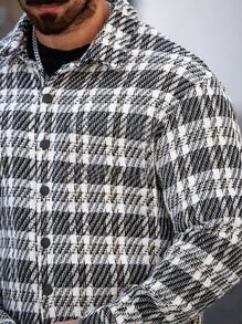 Manfinity Homme Plus Size Men's Plaid Long Sleeve Single Breasted Casual Shacket, Autumn/Winter - Black and White - View 5