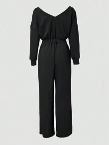 Plus Size Solid Color Loose Elegant Wide Leg Jumpsuit Fall Cloth For Women - Black - View 5