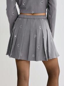 Enchnt Women's Grey Summer Elegant Tea Party Pearl&Sequin Floral Embroidery Pleated Mini Skirt,Stylish For Valentine's Day&Christmas&Birthday&Daily - Grey - View 5