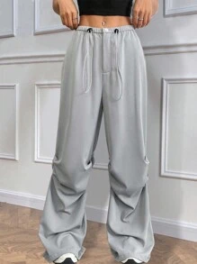 Chiquease Spodnie z szerokimi nogawkami z satyny oversize, jednolity kolor, minimalistyczny casual do codziennego noszenia - Szary - Zobacz 1