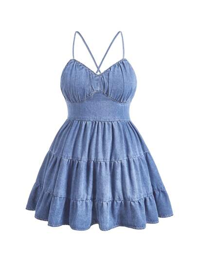 SHEIN EZwear 大码女式简约褶皱细肩带休闲短款牛仔连衣裙