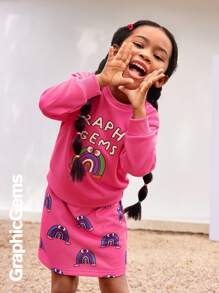 Bộ 2 món/Bộ áo nỉ in hình cầu vồng hoạt hình cho bé gái và chân váy in toàn thân - Màu Hồng Tươi - Xem 7