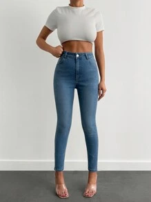 SHEIN PETITE 97% CottonHigh Wash Jacron Detailed Skinny Jean - Light Wash - View 3