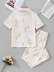 Tween Girl Floral Print Collar Shirt & Pants 2Pcs Loungewear Set, Daily Casual - Multicolor - View 2