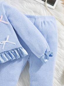 SHEIN 2pcs Young Girl Sets - Ruffle Hem Long Sleeve Sweater With Flared Pants, Thick & Comfortable Winter Fashion Look - Blue - View 5