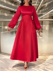 SHEIN Lady 春夏秋冬优雅红色编织圆领系带喇叭A字裙长款长袖红色连衣裙礼服圣诞节女优雅婚礼节日连衣裙