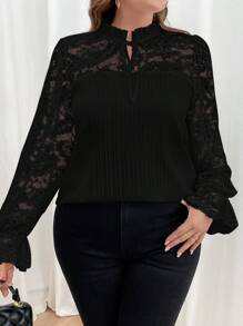 SHEIN Clasi Plus Size Elegant Solid Color Lace Panel Blouse, For Autumn