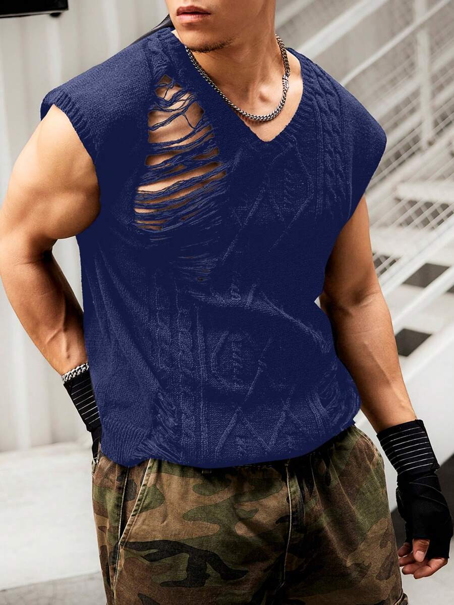 Manfinity Roughcore Men's Fashionable Solid Color Distressed Sweater Vest - Navy Blue - View 1