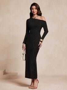 SHEIN Unity Women's Elegant Slim Fit Oblique Shoulder Casual Long Sleeve Dress - Black - View 1