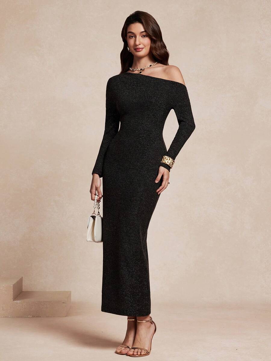 SHEIN Unity Women's Elegant Slim Fit Oblique Shoulder Casual Long Sleeve Dress - Black - View 1
