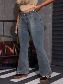 SHEIN ICON Plus Size Casual Retro American Style Flare Jeans, Simple & Fashionable For Everyday Wear