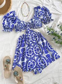 Soleia Dames Zomervakantie Losse Blauwe En Witte Print Rugloze Halter Jumpsuit Met Zij-uitsparing, Geschikt Voor Feest, Date, Afternoon Tea, Pasen, Festival, Strand, Cruise