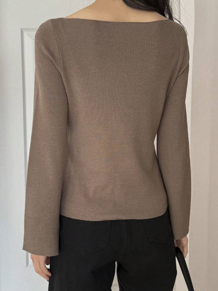 Women's Striped Boat Neck Flare Sleeve Slim Fit Sweater, Camel Color, Spring/Autumn,Fall Women Clothes