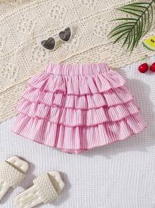 SHEIN 年轻女孩休闲条纹荷叶边下摆多层短裤 - 粉色 - 查看 2