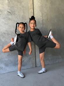 Matching Sister Look Girls Casual All-Match Versatile Sports Streetwear Washed Contrast Ribbed Raglan Tee + Leggings Shorts Set