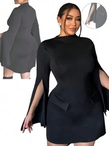 SHEIN Essnce Vestido midi de manga larga y hombros descubiertos con corte ceñido en talla grande, para primavera/verano