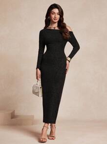 SHEIN Unity Women's Elegant Slim Fit Oblique Shoulder Casual Long Sleeve Dress - Black - View 4