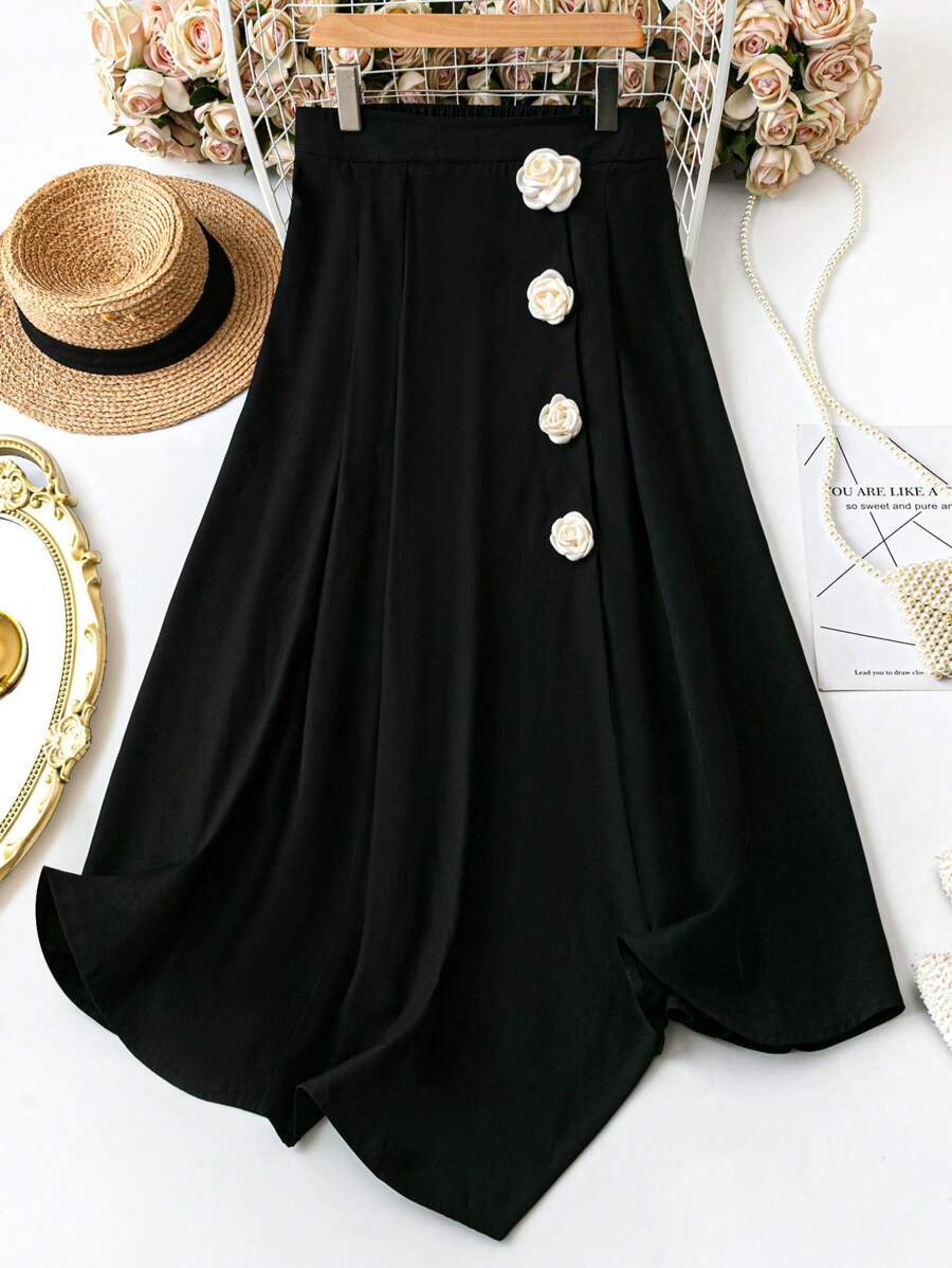 SHEIN LUNE Women's Casual Elegant Solid Color Pleated 3D Rose Elastic Waist Skirt, Plus Size For Autumn - Black - View 1