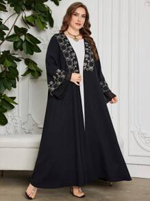 Al Najma Plus Size Women's Floral Embroidered Flared Sleeve Chiffon Patchwork Loose Comfortable Luxurious Arabic Style Robe, Modest Abaya