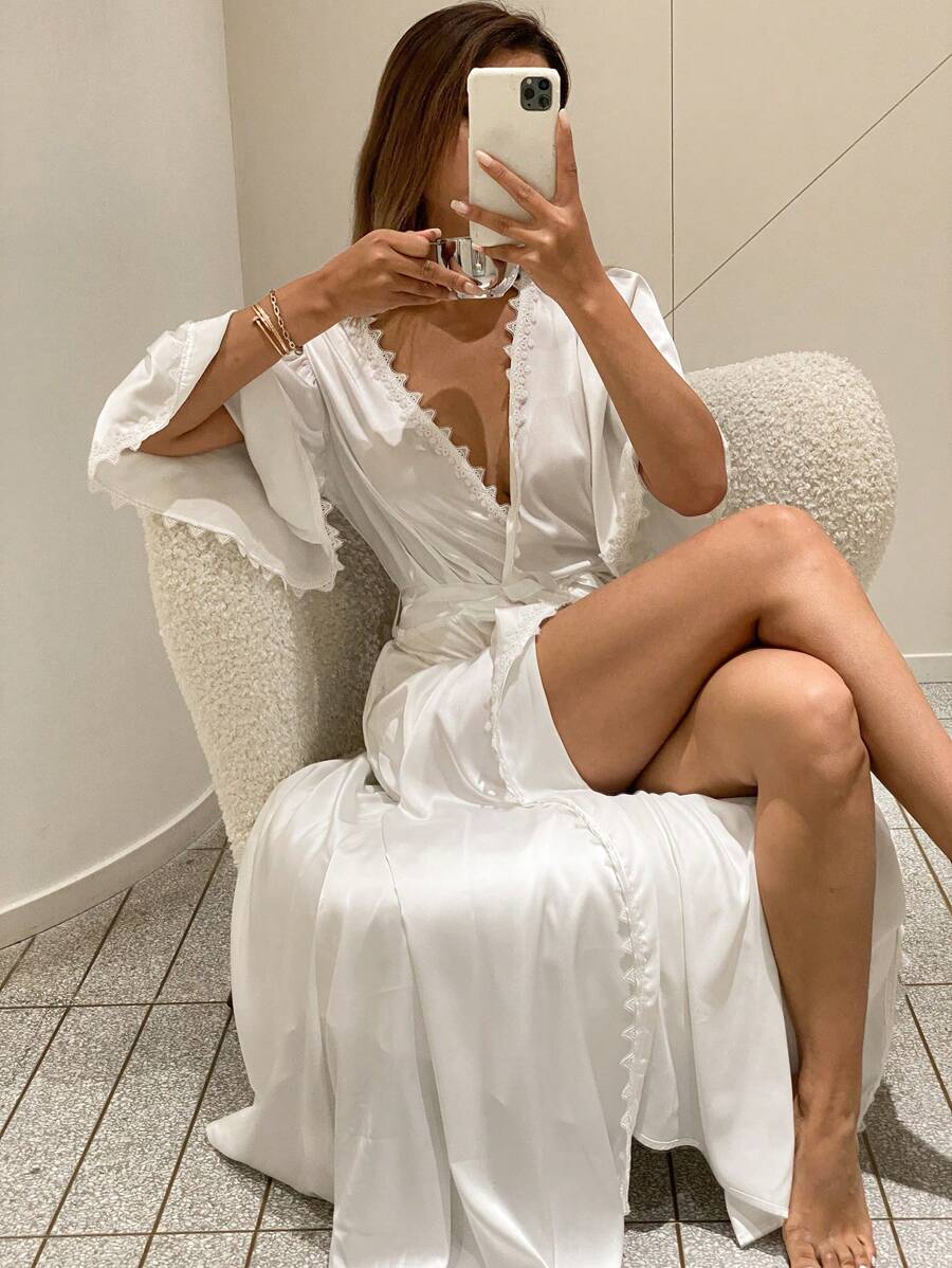 DAZY Women's Ruffle Sleeve Plain Comfy Bathrobe Pajama - White - View 1