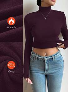 SHEIN BASICS 秋冬季基本款高领修身长袖纯色女式上衣，升级保暖内衬，时尚、休闲、舒适、百搭，不会显得臃肿 - 酒紅色 - 查看 5
