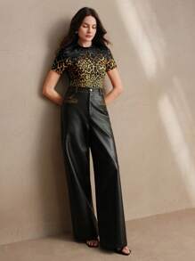 Anewsta Women Stylish Leopard Print Mock Neck Slim Fit Knit Top