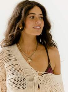 Aralina 奶油色系带前钩针卡夫坦迷你海滩罩衫连衣裙 - 米色 - 查看 8