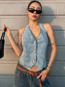 DAZY 女士无袖挂脖牛仔背心 - 淺色水洗藍 - 查看 1