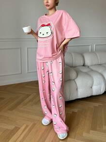 DAZY 2pcs Women Cartoon Print Loose Comfortable Pajama Set - Pink - View 2