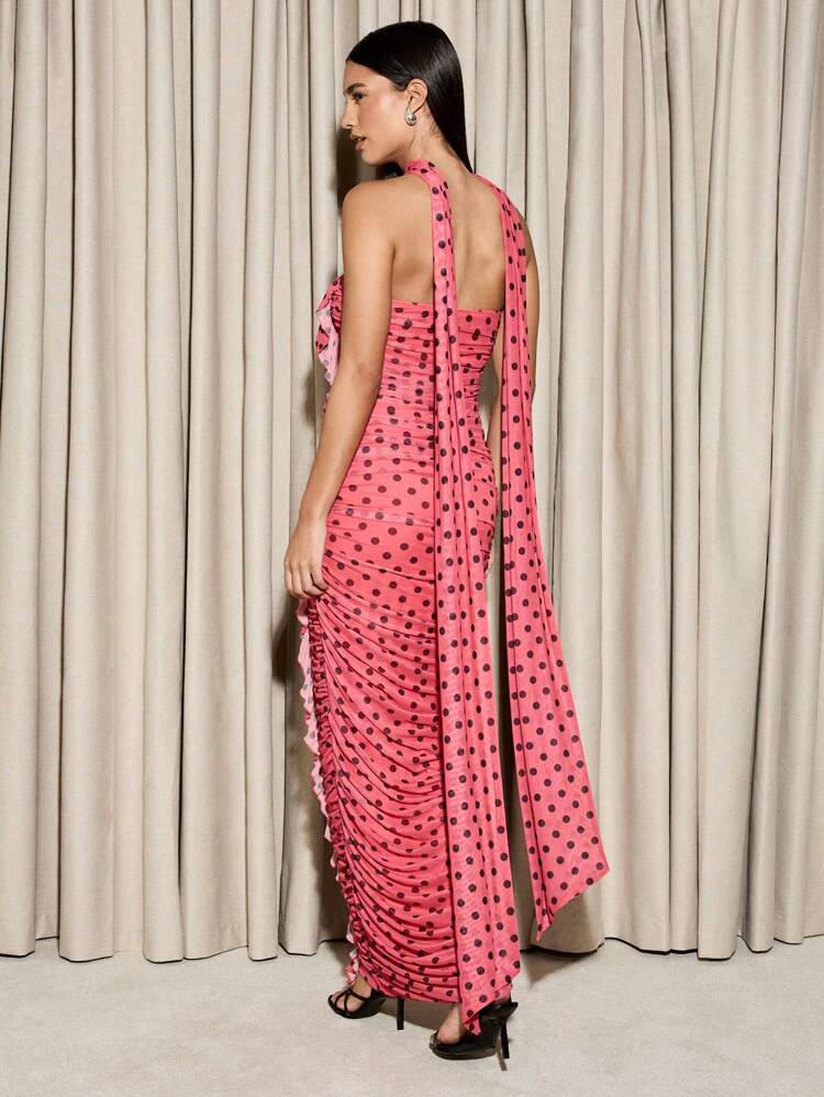 AiiRZ Polka Dot Ruched Maxi Dress Halter Neck Evening Gown Ruffled Side Split Long Formal Prom Wedding Guest Special Occasion Fitted Floor Length Dress