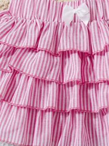 SHEIN 年轻女孩休闲条纹荷叶边下摆多层短裤 - 粉色 - 查看 4
