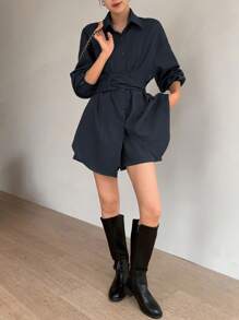 EastFlair Korean Fashion Grey Long Sleeve Shirt Dress & Shorts 2Pcs Set, Waist-Cinched Elegant Outfit