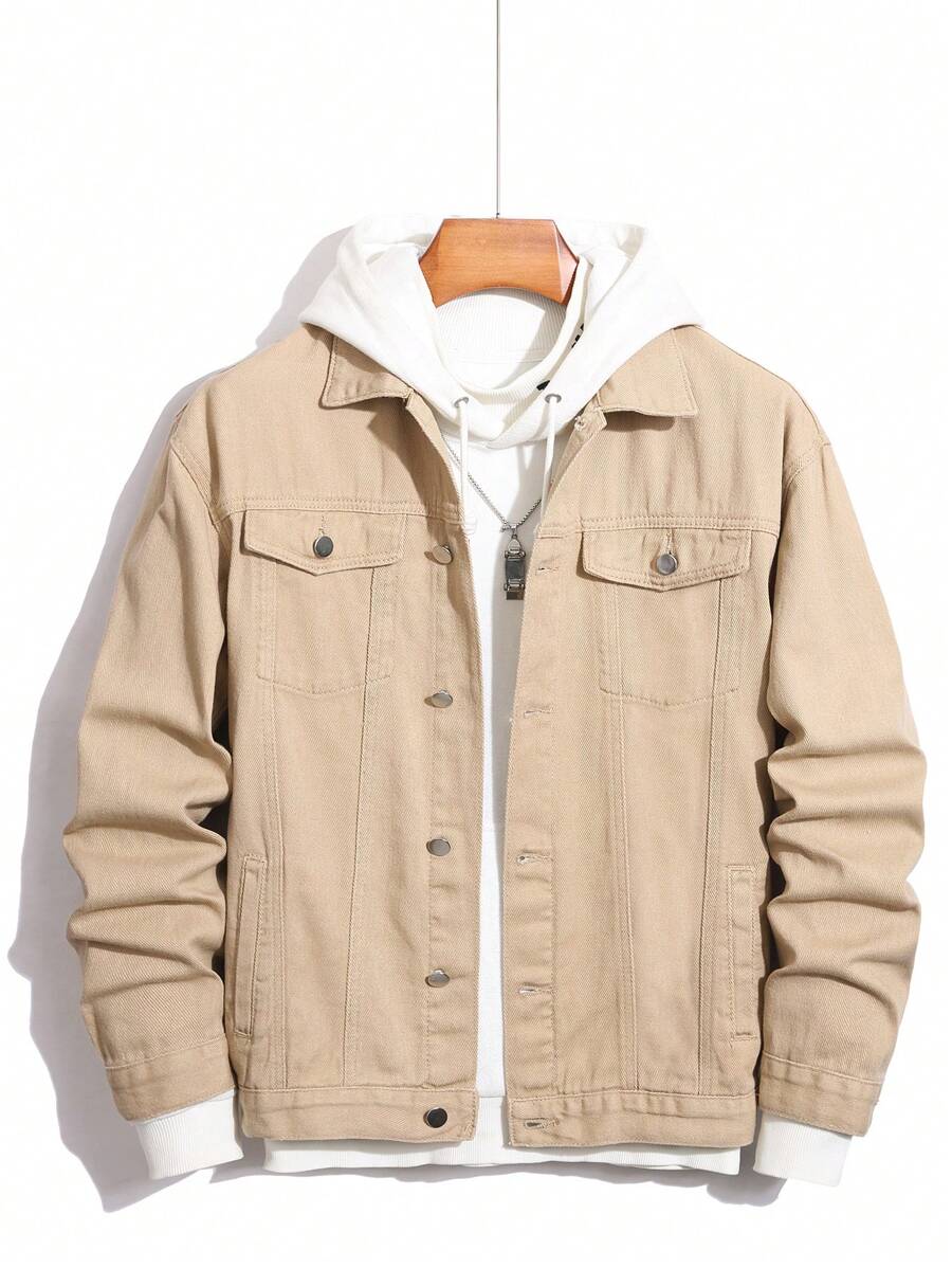 Manfinity Homme Loose Men's Cotton Denim Jacket With Flap Pockets, Without Tee - Khaki - View 1