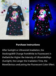 GraphicGems Girls Nightglow Star Unicorn Simple Solid Color Elegant Round Neck Long Sleeve Nightgown Sleepwear - Black - View 3
