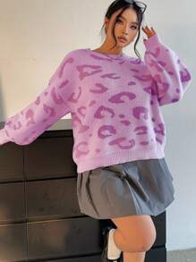 Flirla Plus Size Leopard Pattern Loose Knitted Dropped Shoulder Long Sleeve Crew Neck Sweater, Autumn/Winter Fall - Red Violet - View 4