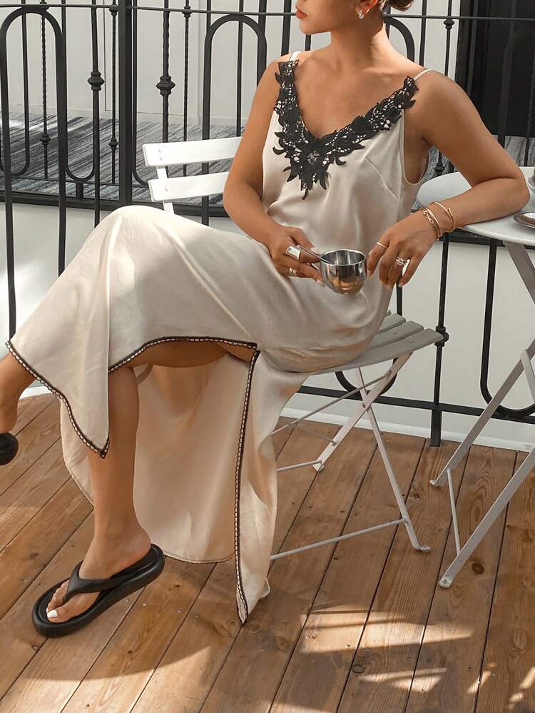 Satin Patchwork Contrast Color Lace Camisole Long Nightgown Pajama