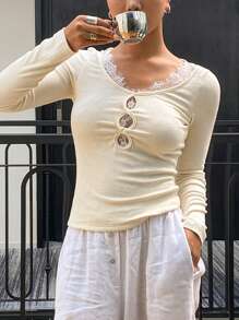 DAZY Lace Splice Ladies Sleep Top Pajama - White - View 3