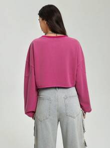StreetHx Women's Solid Color Round Neck Loose Boxy Cropped Washed Sweatshirt Pullover Fall Sweatshirt - Hot Pink - View 2