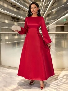 SHEIN Lady 春夏秋冬优雅红色编织圆领系带喇叭A字裙长款长袖红色连衣裙礼服圣诞节女优雅婚礼节日连衣裙