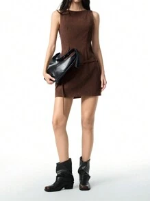 LYSMO Casual Solid Color Corduroy Sleeveless Mini Dress, Autumn/Winter