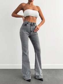 SHEIN Tall 98%Cotton HIGH RISE FLARED LONG BLACK JEAN TALL - Grey - View 5