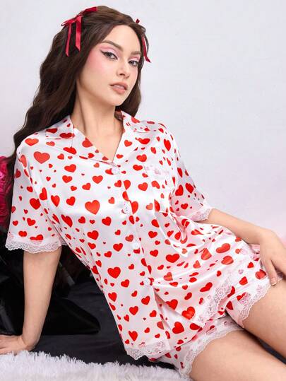 Romantisches Valentinstag Satin Herz Muster Spitze Patchwork Kragen Kurzarm Shorts Pyjama Set