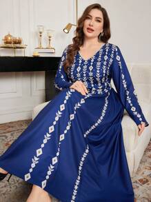 Modelyn Plus Size Retro Pattern Lace-Up Elegant Princess Hem Dress - Blue - View 1