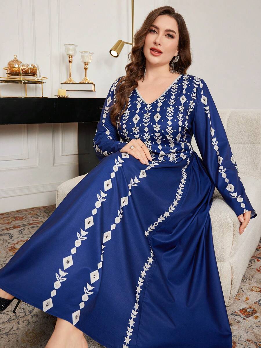 Modelyn Plus Size Retro Pattern Lace-Up Elegant Princess Hem Dress - Blue - View 1