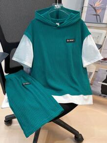 SHEIN 2pcs/Set Setelan Anak Laki-laki Remaja Warna Teal Musim Panas Kasual Liburan Warna Solid Kontras Motif Waffle Hoodie Lengan Pendek dan Celana Pendek Pinggang Elastis - MultiWarna - View 4