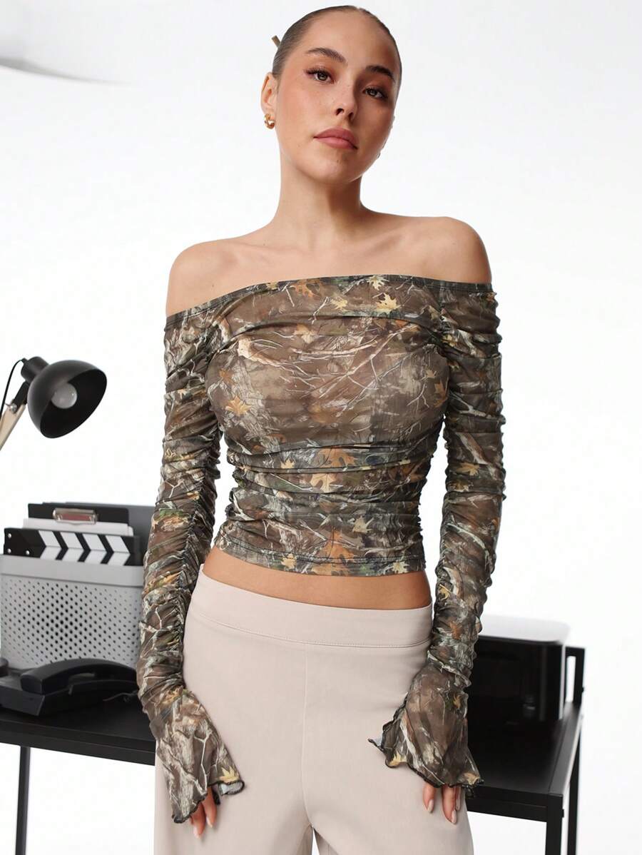 Aloruh Elegant Off Shoulder Fitted Flared Sleeve Vintage-Style Printed Mesh Blouse - Grey - View 1