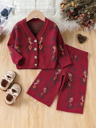 秋冬季新生女婴复古花卉印花毛衣开衫和松紧腰裤 2 件套针织套装