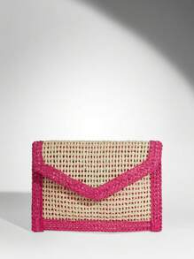 SHEIN BAE Woven Evening Clutch Bag For Women, Fashionable Minimalist Solid Color Large Wallet, Suitable For Summer Travel And Vacation, Straw Wallet, Straw Beach Bag, Beach Essentials, Beach Supplies, And Summer Necessities, Most Suitable For Beach Atmosphere - Hot Pink - View 2
